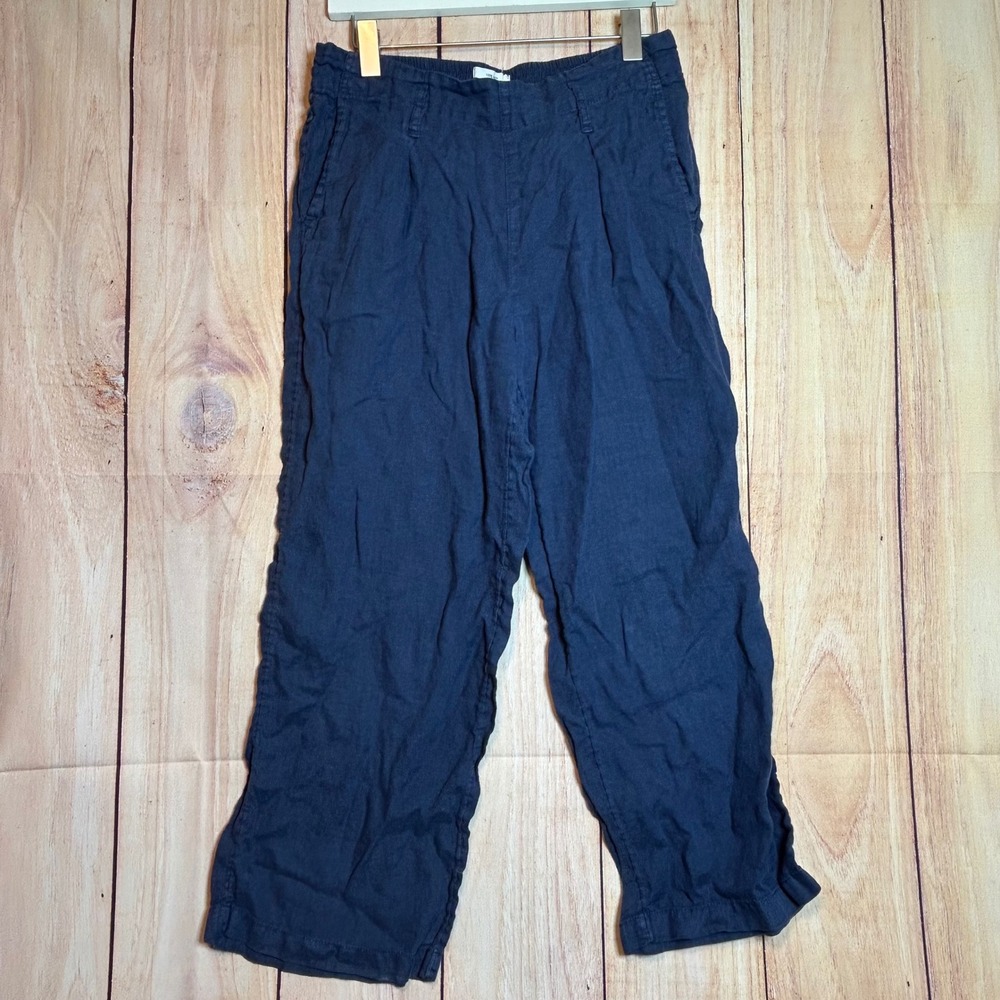 Nicole Miller Linen Pants Women S Navy Blue Pleated Wide Leg Coastal Summer